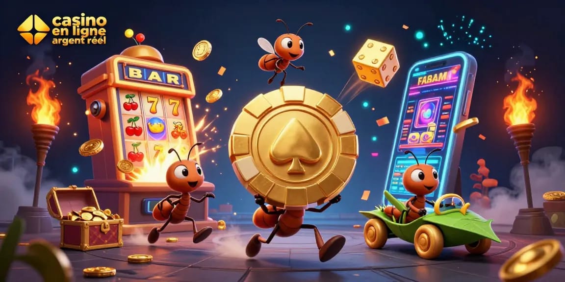 Découvrez des jeux au casino en ligne argent réel avec une illustration d'une équipe d'fourmis en pleine effraction.