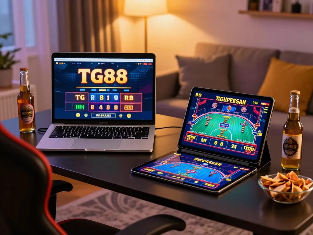 Player enjoying online gaming at home using TG88 casino app on laptop and tablet.