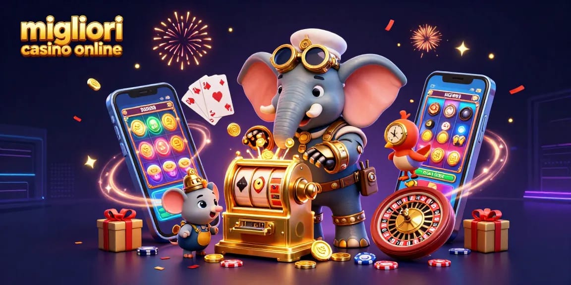 Scopri i migliori casino online con un ingegnere elefante steampunk che gioca a una slot machine dorata.