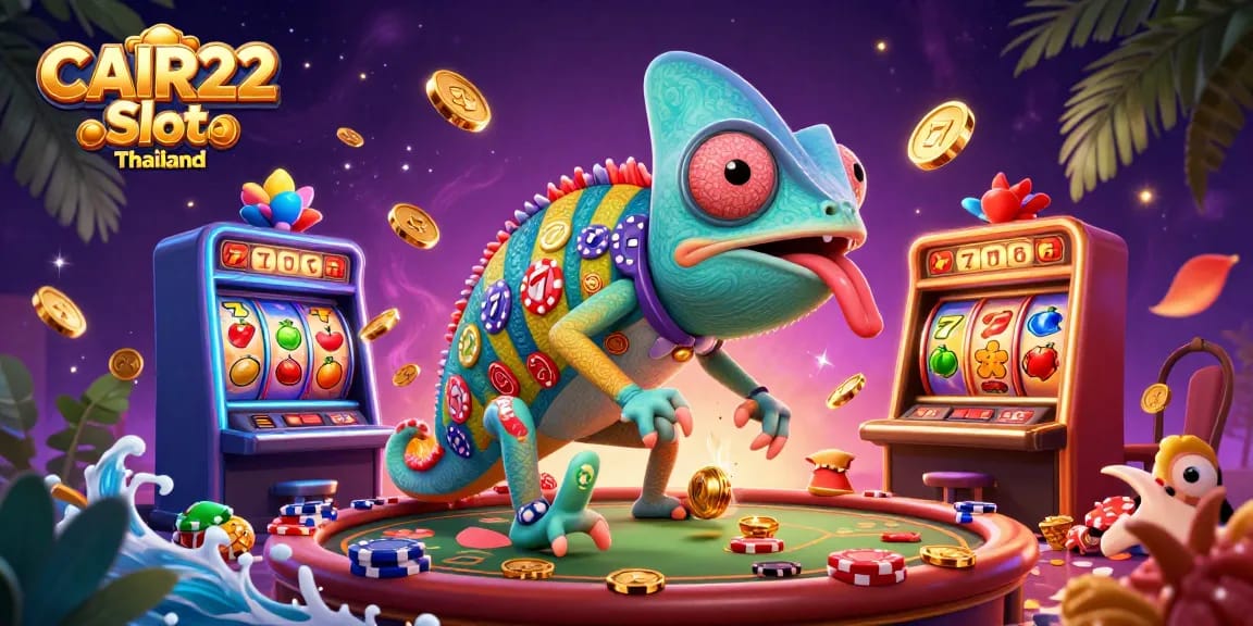 Menangkan CAIR22 Slot Thailand dengan chameleon kasino berwarna dan simbol slot yang dinamis.