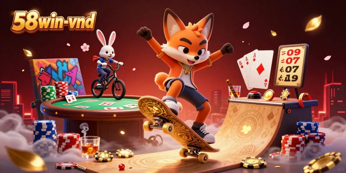 Engage in thrilling casino action at 58win-vnd with a dynamic 3D illustration of a fox and rabbit showcasing their skills.