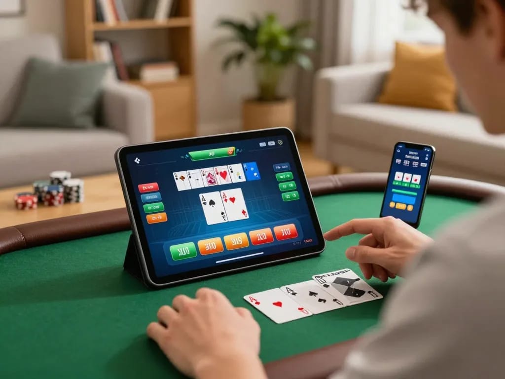 Player enjoying an online poker game on alo8 with strategic betting insights in a cozy setting