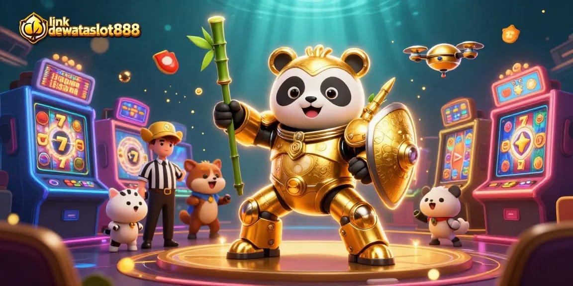 Mengambil peluang dengan link dewataslot888 di kasino online, menampilkan panda emas dan mesin slot yang dinamis.