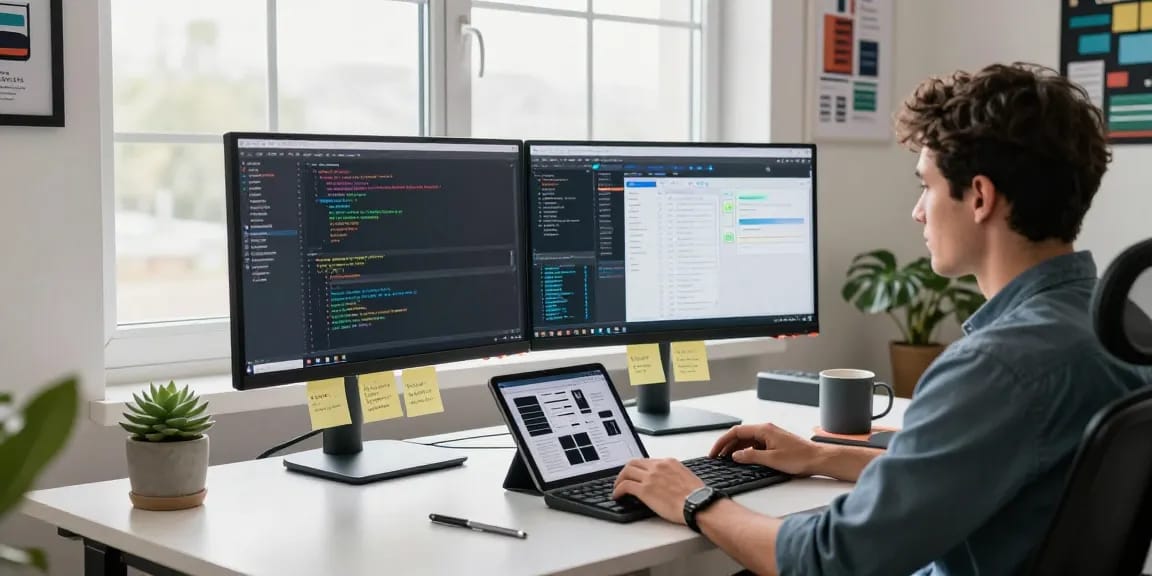 Focused developer using dual monitors for coding and project management at telegramin-cn.com workspace.
