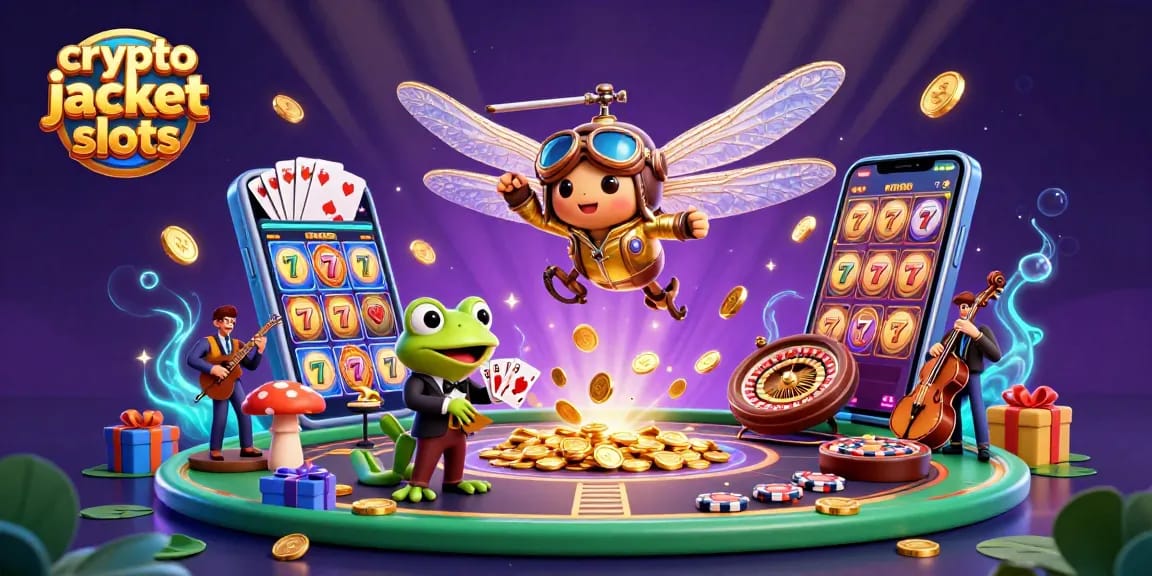 Experience exciting crypto jackpot slots in a vibrant 3D casino scene with interactive elements.