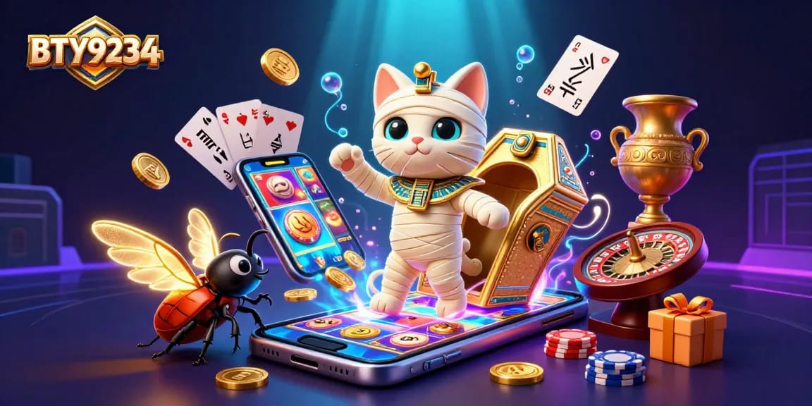 BTY9234 illustrates a high-energy casino scene with an Egyptian mummy cat and casino elements.