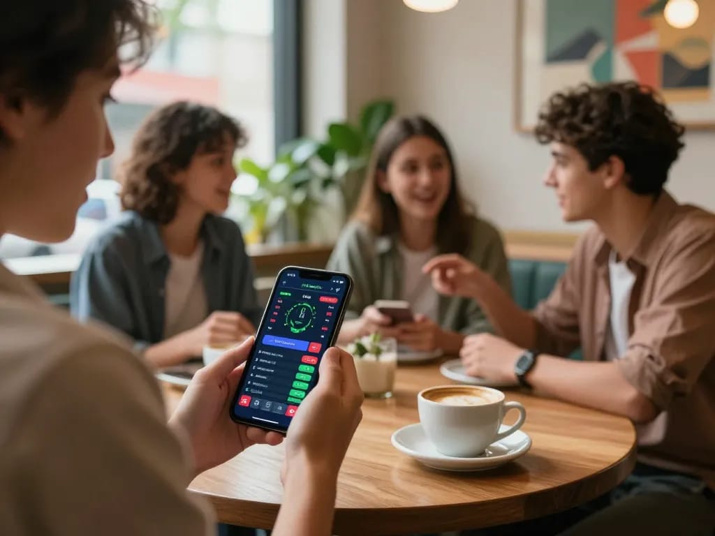 Pengguna Bintangmpo memasang taruhan langsung di smartphone dalam suasana kafe yang trendi