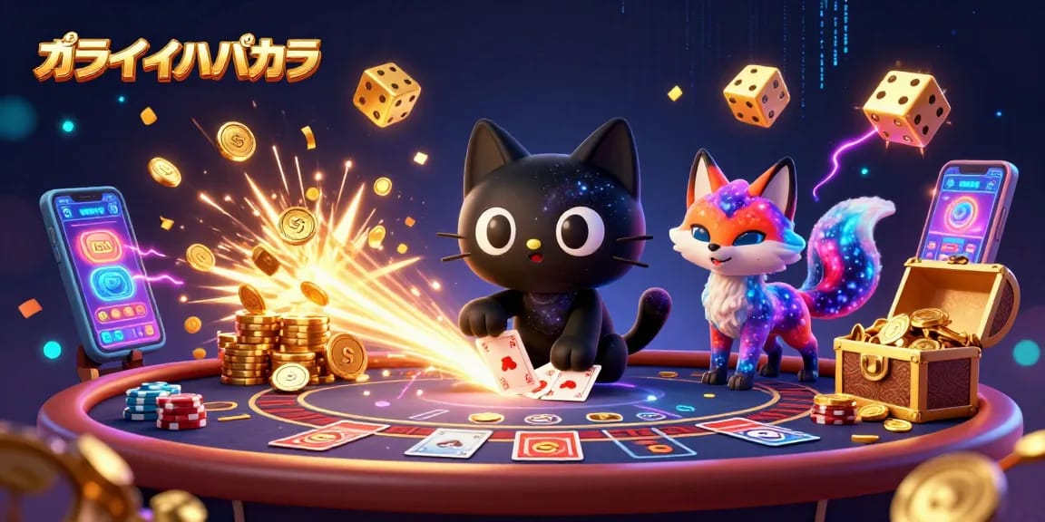 オンラインバカラの宇宙テーブルでチップとカードを引き寄せるキャットとフォックスのイラスト。