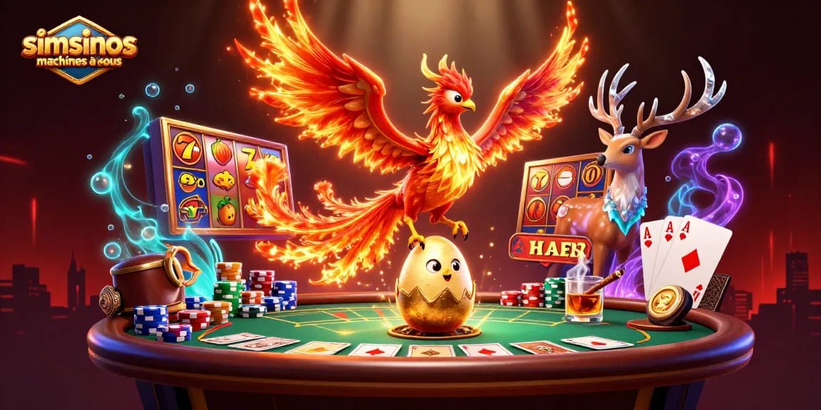 Jouez aux machines à sous Simsinos avec des personnages fantastiques et un décor de casino coloré.