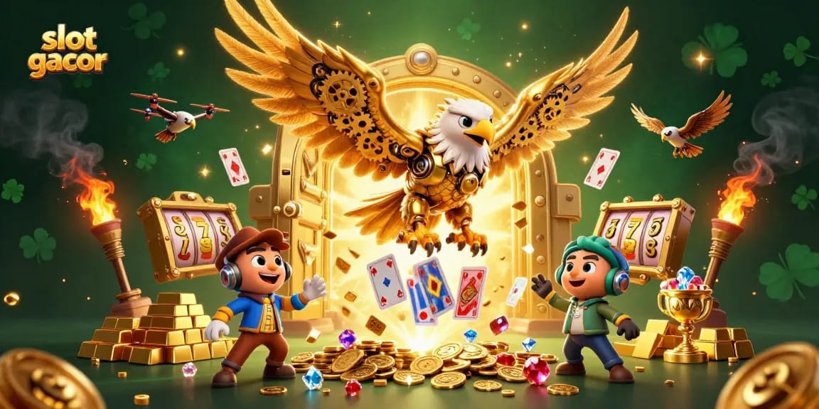 Temukan slot gacor dengan ilustrasi 3D burung elang emas dan harta berkilau
