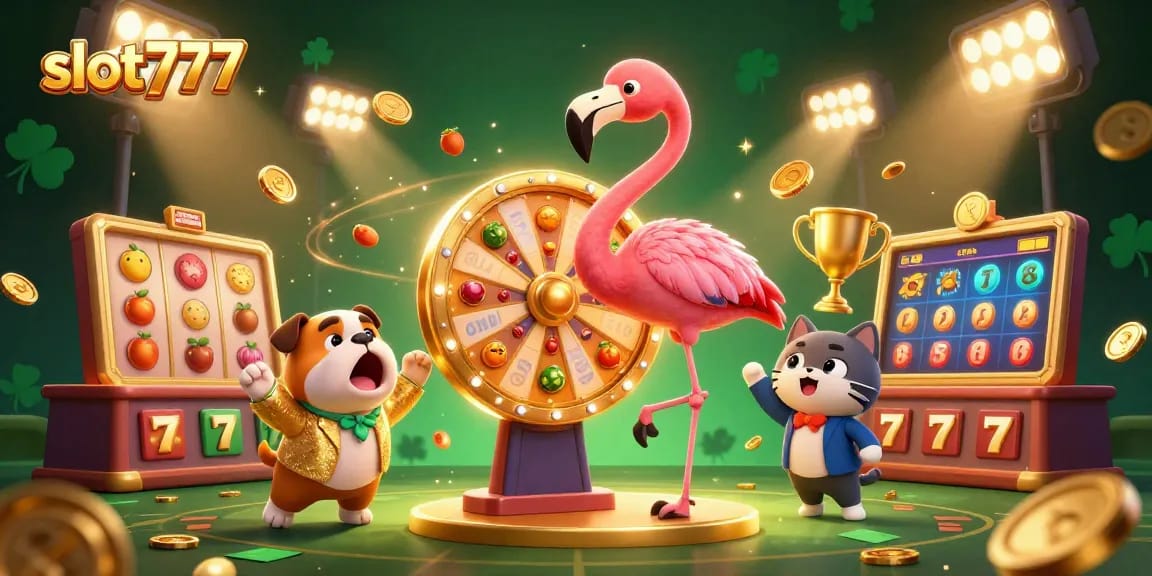 Engage with slot777's fun 3D characters and gaming elements in an exciting casino scene.