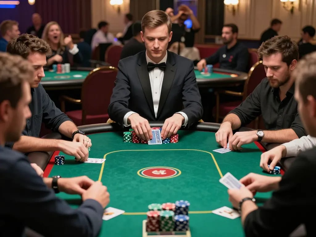 uu88 players engaging in strategic high-stakes poker game, colorful chips stacked, intense atmosphere captured