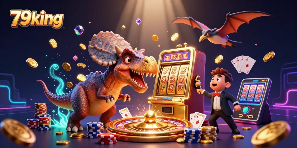 79king characters celebrating a jackpot payout with vibrant coins and 3D casino elements.