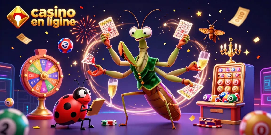 Illustration d'une scène de casino en ligne avec un mante religieuse et une coccinelle, attrapant des balles de loterie colorées.