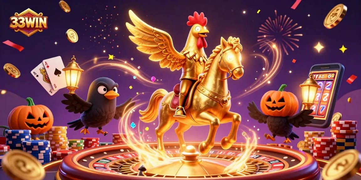 Experience the excitement of 33WIN with a dynamic casino scene featuring a golden rooster and rich gaming elements.