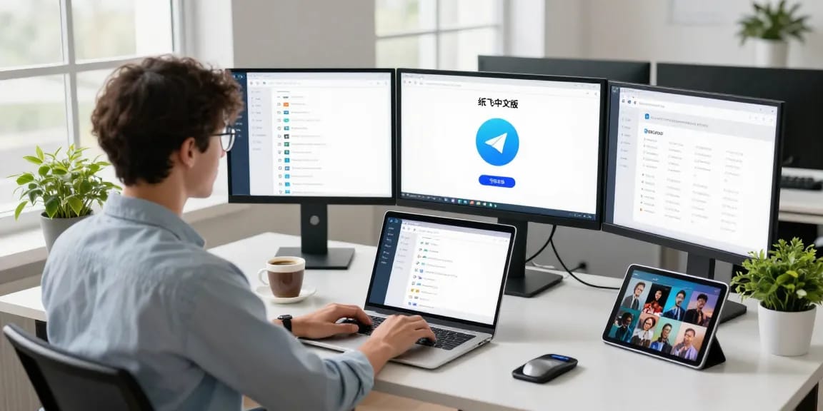 Young professional engaging with 纸飞机中文版 in a modern digital workspace, showcasing innovative communication tools.