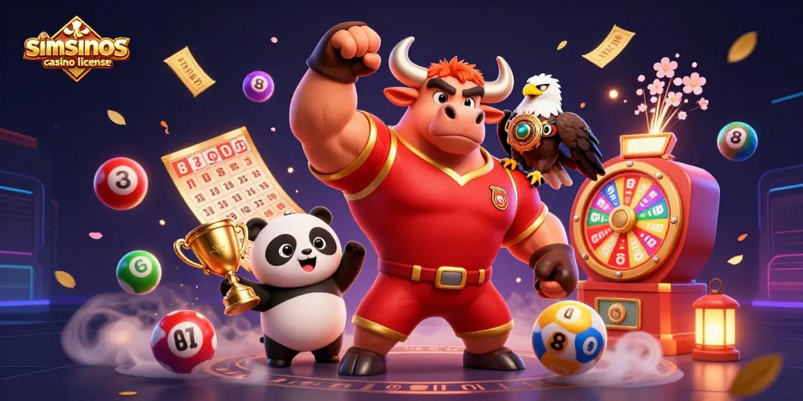 Explorez la licence de casino Simsinos, mettant en valeur des personnages gagnants et des ballons de loterie colorés.