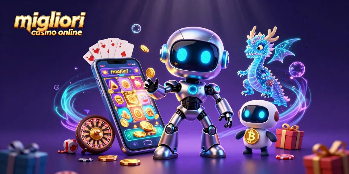 Gioca ai migliori casino online con robot cyberpunk, drago olografico e simbolo bitcoin.