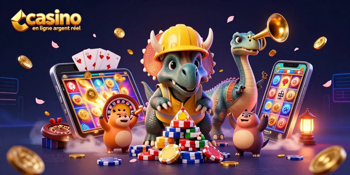 Jouez au casino en ligne argent réel avec des personnages en 3D célébrant autour de jetons de poker.