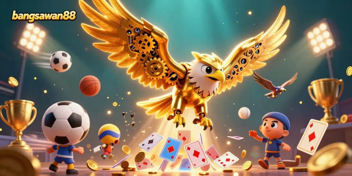 Bangsawan88 sports betting scene with a cybernetic eagle amidst dynamic sports elements and vibrant energy.