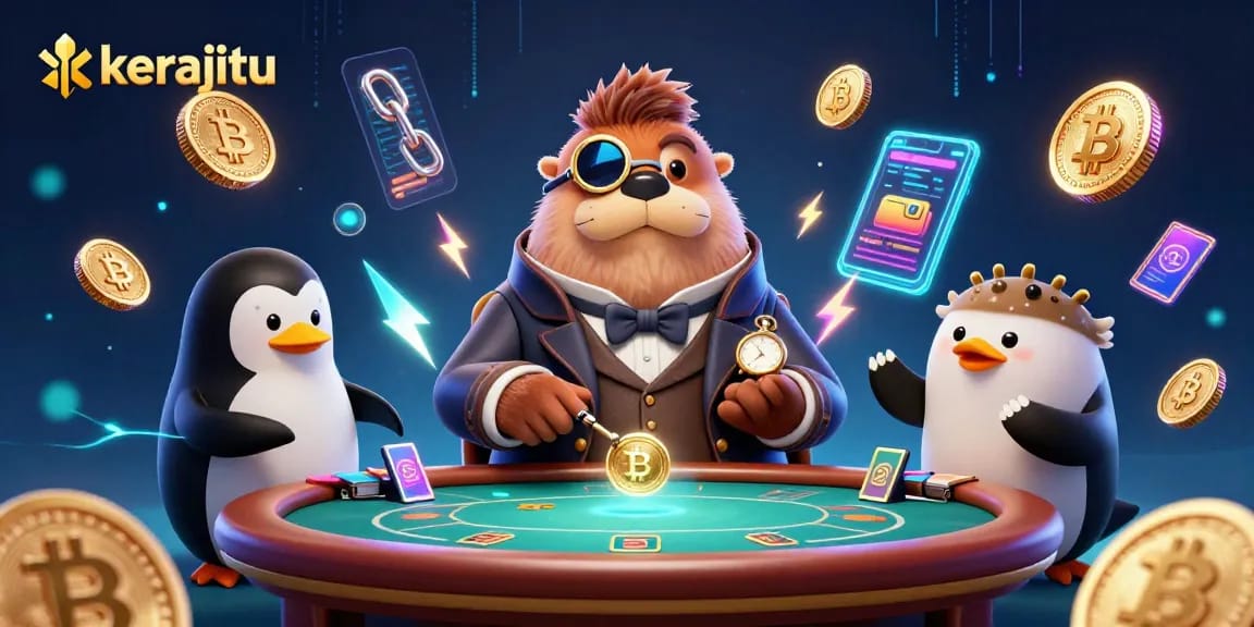 Experience thrilling poker action with kerajitu's jolly walrus and friends at an underwater table.