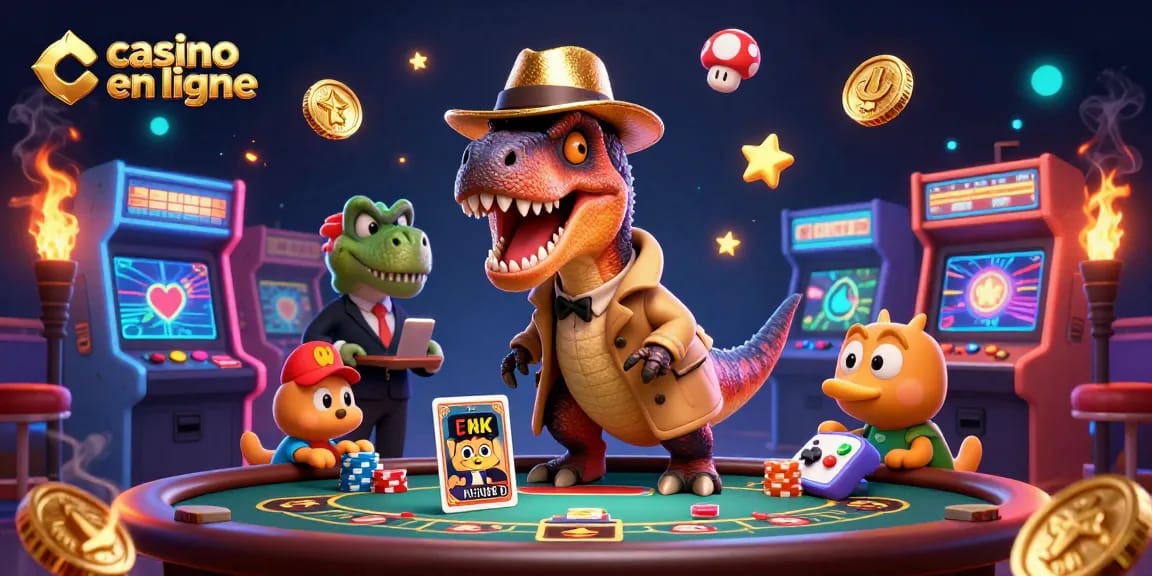 Jouez dans un casino en ligne excitant avec un velociraptor en train de parier au blackjack.