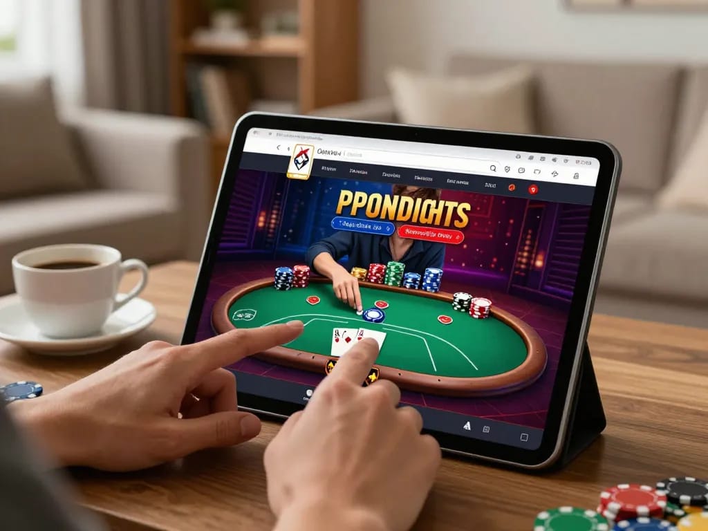 Go88 app showcased on tablet during an exciting online poker game in a cozy home setting