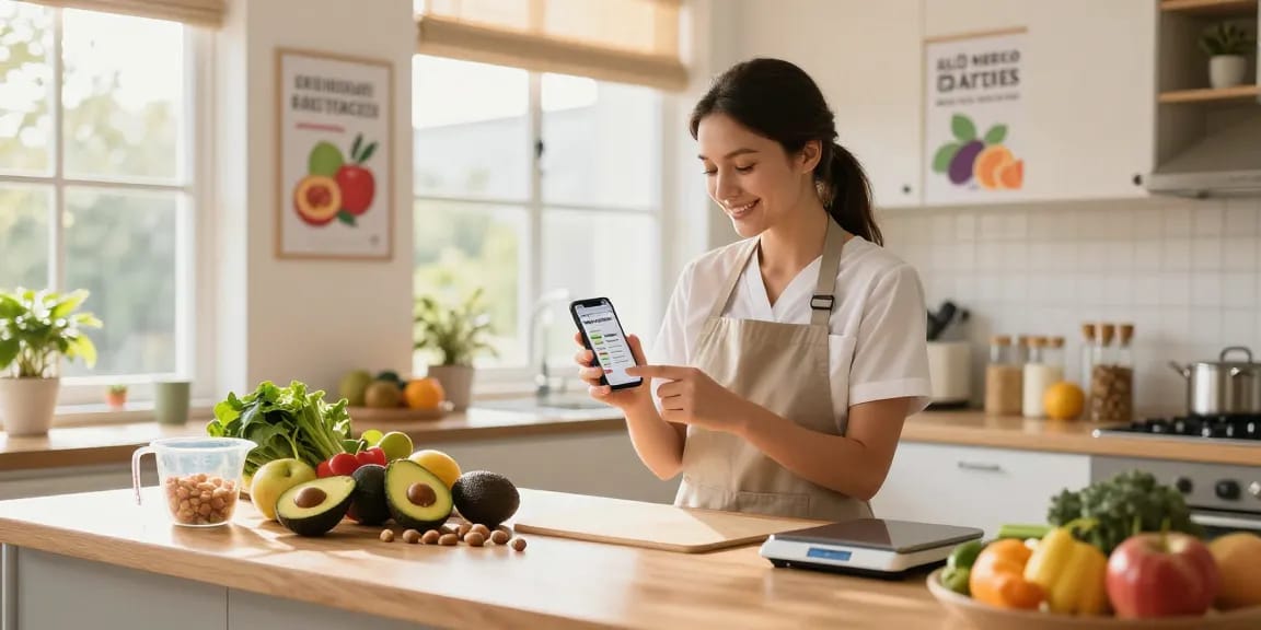 Nutritionist examining best macro tracker app among fresh ingredients in a bright kitchen.