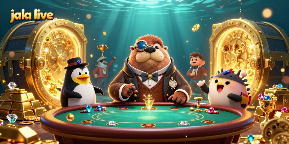 Experience gaming excitement at jala live with our animated poker scene featuring a jolly walrus and friends.