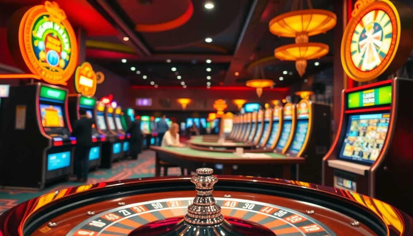 Permainan kasino bbni4d di meja roulette dengan suasana ramai dan lampu neon cerah.