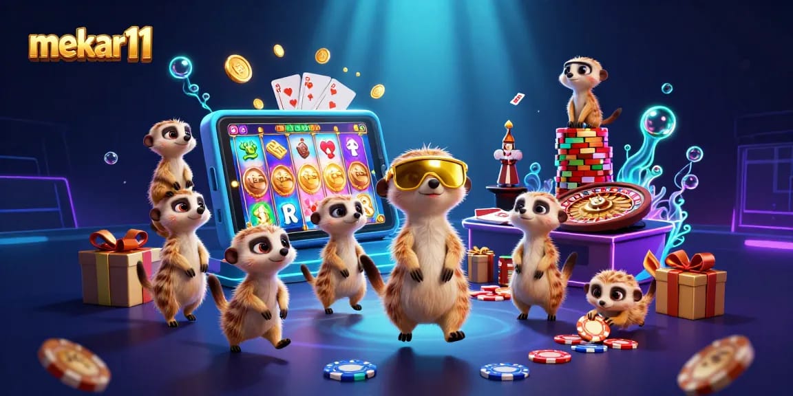 Experience the excitement of mekar11 with playful meerkats in a vibrant casino scene.