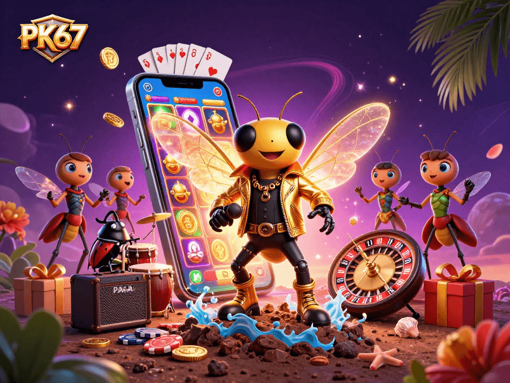 Experience the excitement of PK67 with a rock star cicada in a vibrant casino scene.