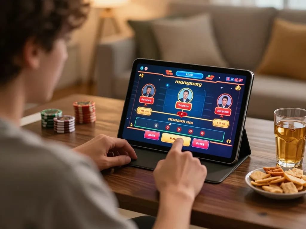 Player enjoying a live dealer game on their device at home, showcasing rik vip online gaming experience.