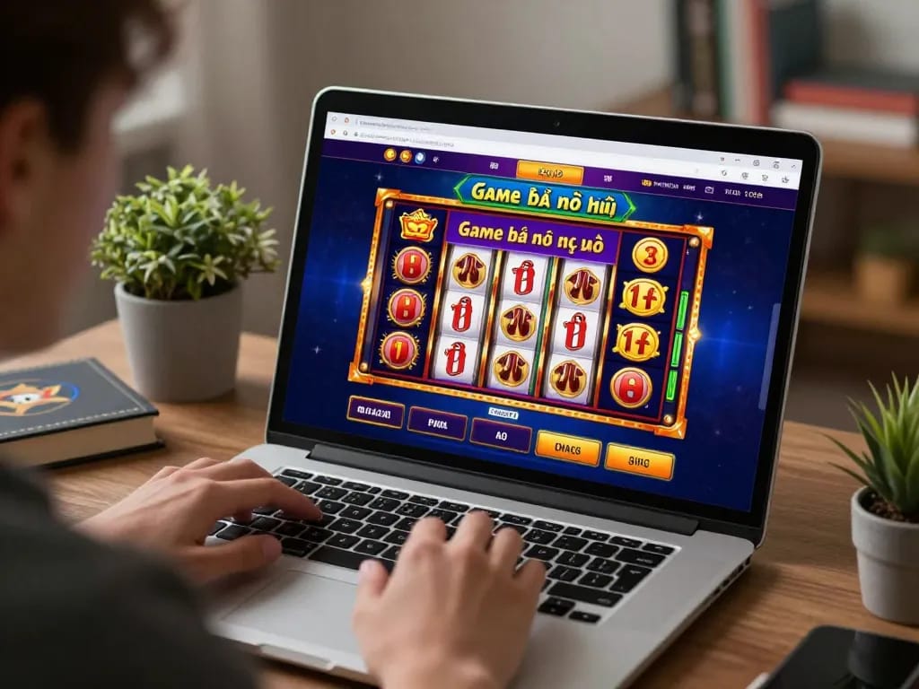 Engaging with Game bài nổ hũ online slot game on a laptop in cozy home setting.