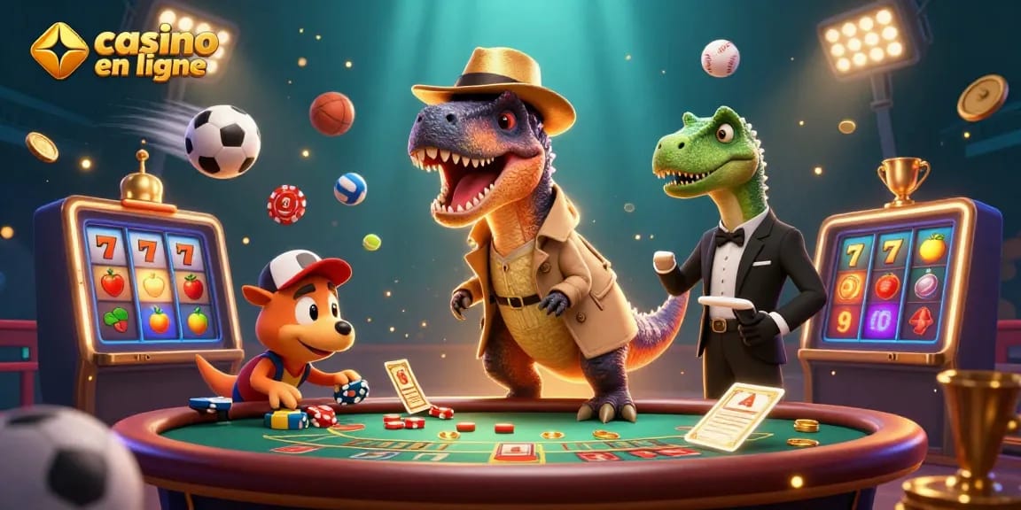 Les personnages de casino en ligne s'affrontent, un velociraptor au blackjack, le tout dans une illustration 3D dynamique.