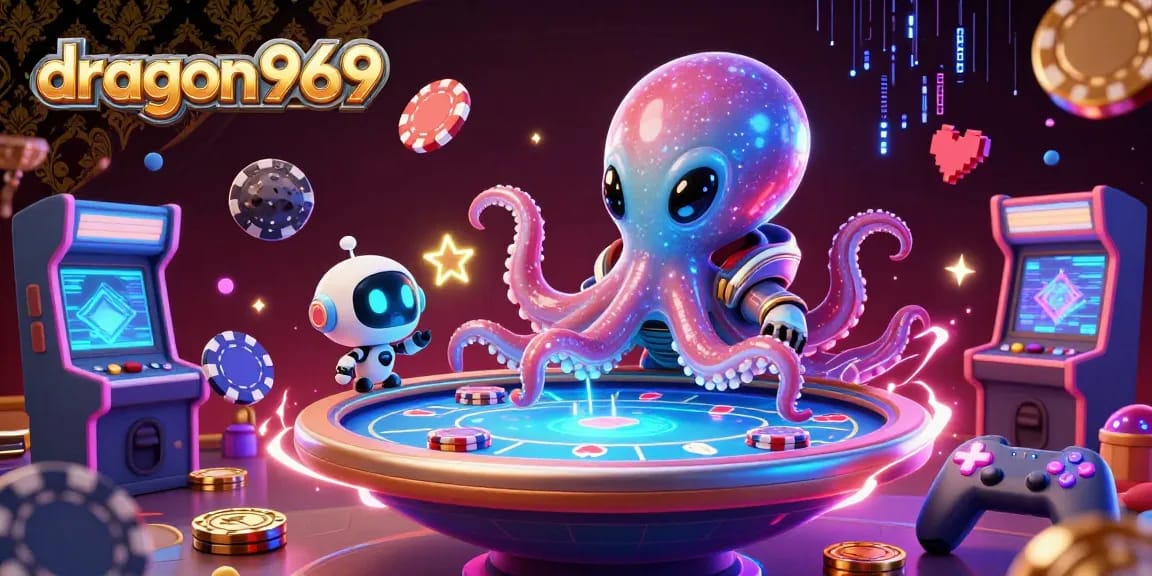 Experience thrilling poker with dragon969's alien octopus dealer and floating poker table in a vibrant casino scene.