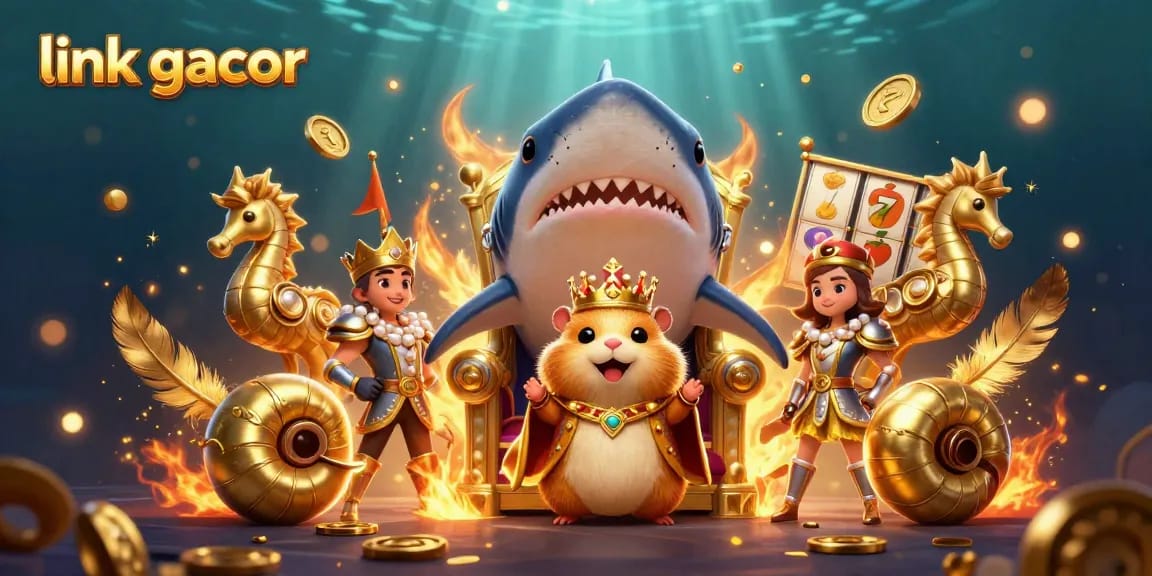 Experience thrilling action with link gacor, featuring a golden hamster king amidst vibrant casino elements.