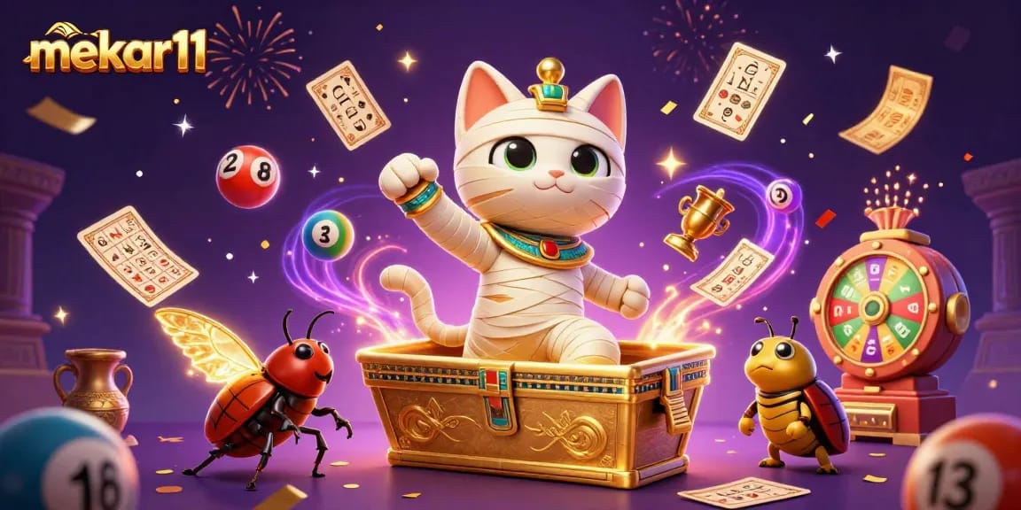 Mekar11 ignites excitement with a vibrant casino scene featuring a mummy cat, golden tickets, and colorful lottery balls.