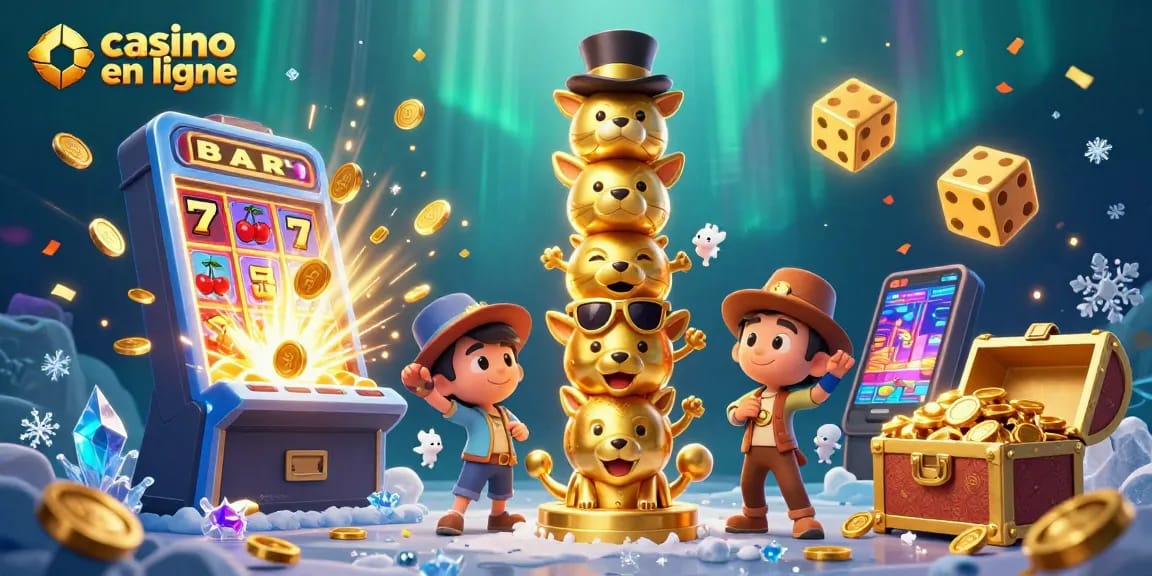 Découvrez des scènes dynamiques de jeux de casino en ligne avec des machines à sous et un totem scintillant.
