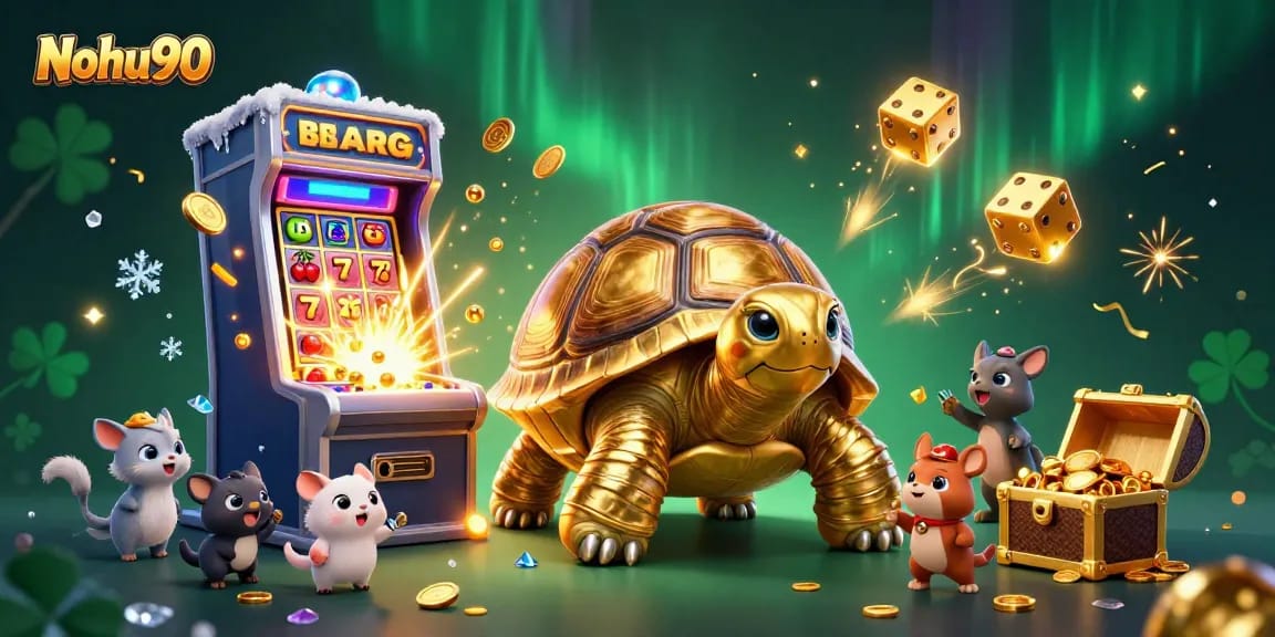 Nohu90's colorful gaming scene featuring a colossal tortoise pinball machine, slot jackpots, and vibrant casino elements.