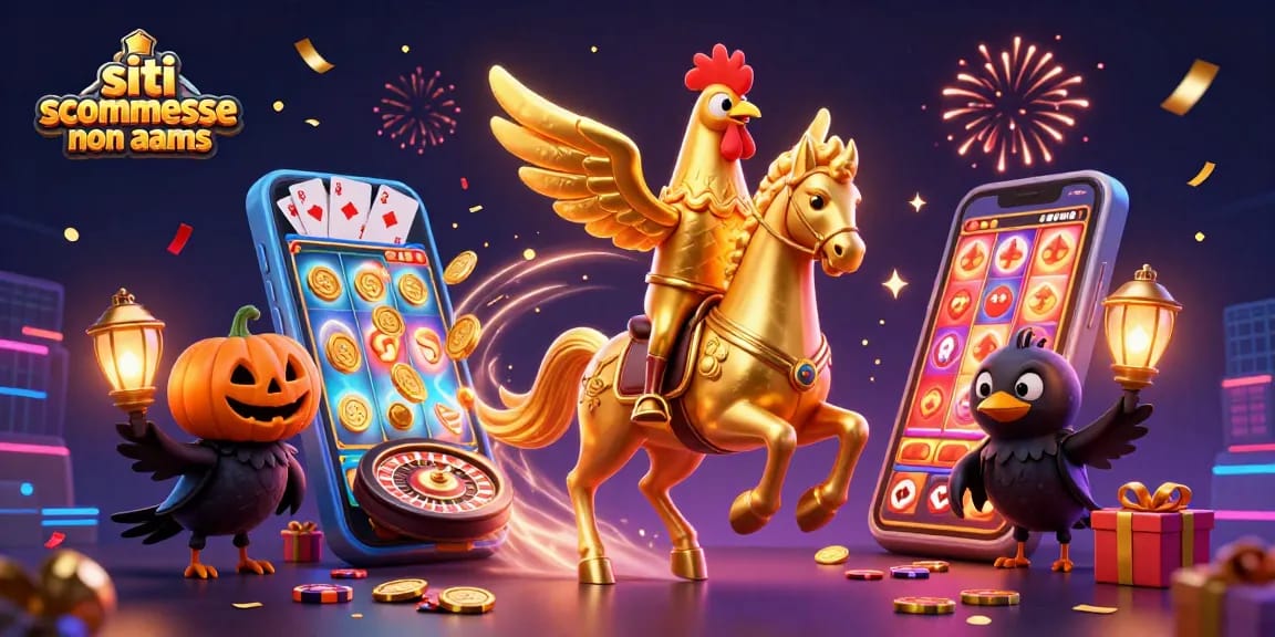 Scopri i migliori siti scommesse non AAMS in un'illustrazione vivace con elementi di gioco e premi.