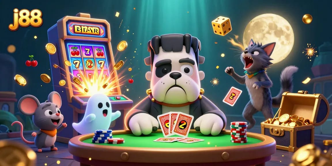 Experience thrilling gameplay at j88 with a vibrant 3D casino scene full of action.