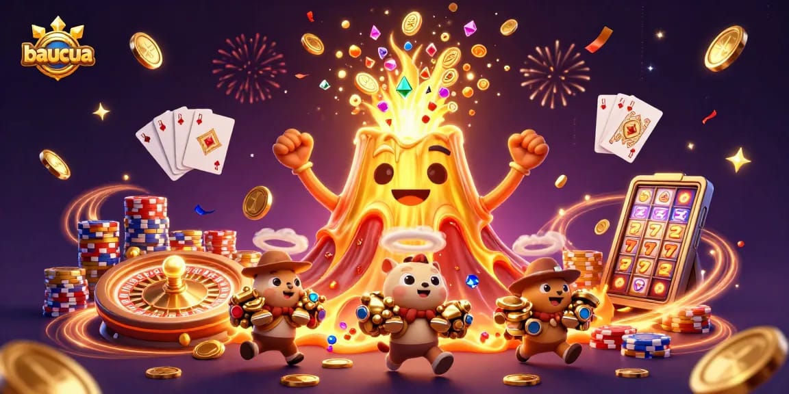 Baucua showcases gamblers winning treasures from a golden erupting volcano in a vibrant casino scene.