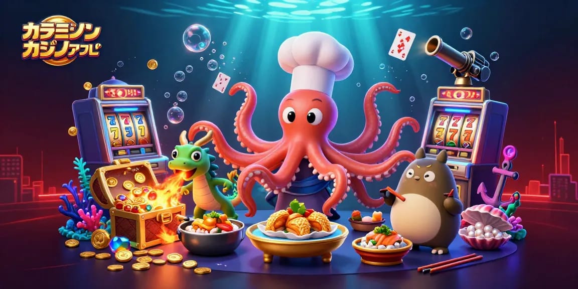 オンラインカジノ アプリでのスロットマシンを囲んで遊ぶ3Dイラストの寿司シェフとドラゴン。