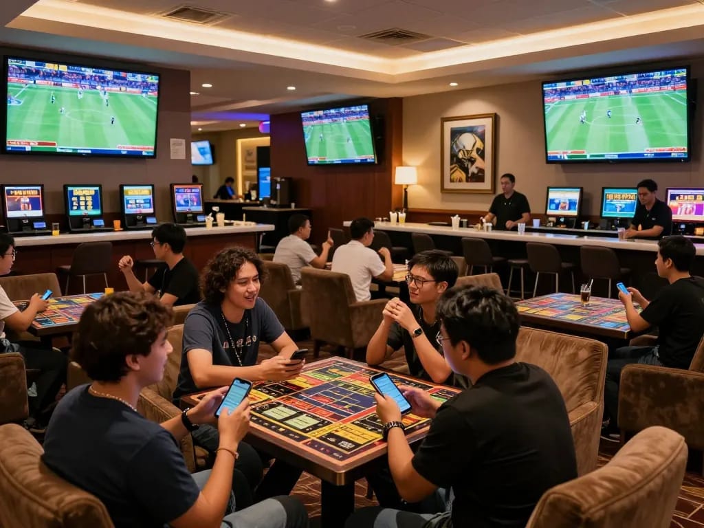Experience the excitement of thể thao mb66 with enthusiastic bettors in a lively sports betting lounge.