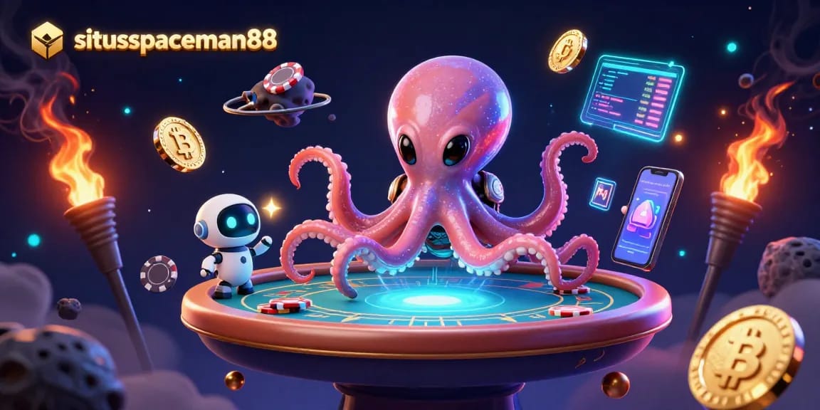 Engage with the interactive elements of situs spaceman88 as a cartoon alien octopus plays poker in a vibrant cosmic setting.