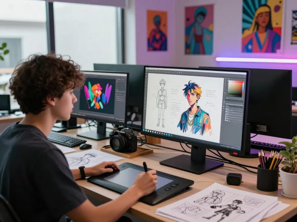 Young artist creating NSFW AI art in vibrant digital studio.