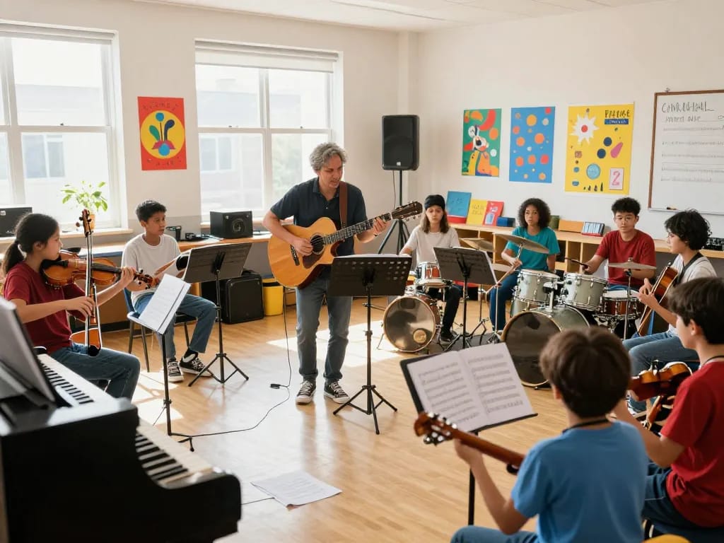 多様な生徒が明るく歓迎される環境で楽器を学ぶ音楽教室のシーンを紹介する活気ある音楽教室の画像。