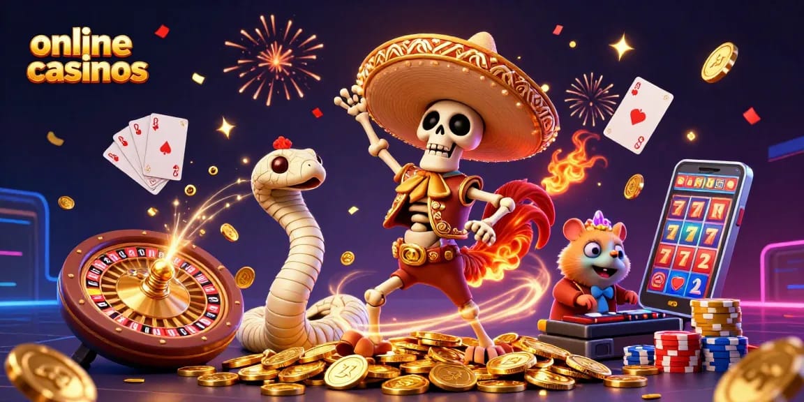 Win at online casinos with a vibrant 3D celebration of games and characters.