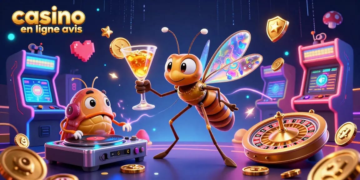 Visualisez le casino en ligne avis avec un moustique mascotte et un DJ trilobite au centre d'une scène animée de casino.